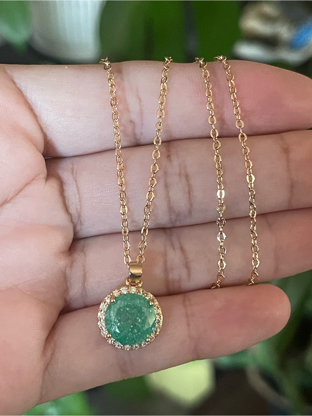 Gold Necklace with Round Green Crystal Pendant